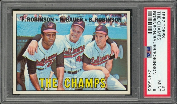 1967 Topps #1 "The Champs" (F. Robinson/Bauer/B. Robinson) – PSA MINT 9